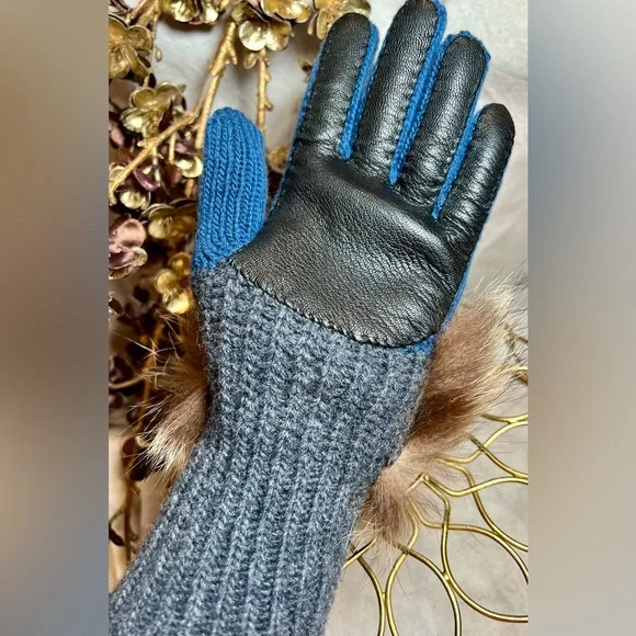 Moncler Wool, Cashmere, Marmot Fur Gloves Made in Italy Blue Grey NWT - Picture 2 of 14